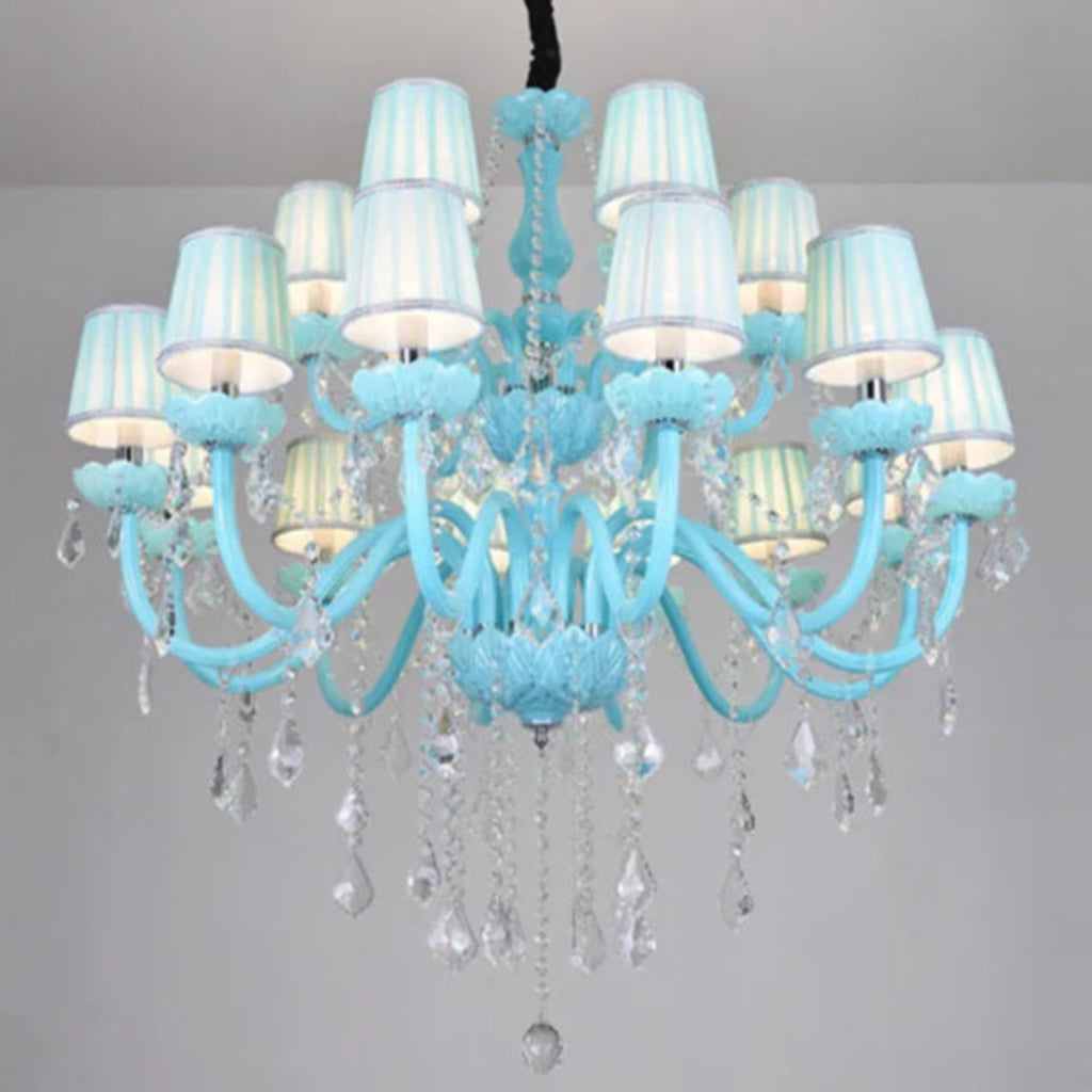 designer blue crystal chandelier with fabric shades and clear crystal drops, castlecore vintage elegance