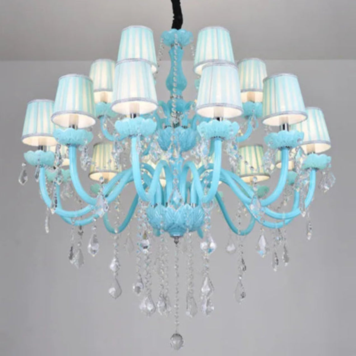 designer blue crystal chandelier with fabric shades and clear crystal drops, castlecore vintage elegance