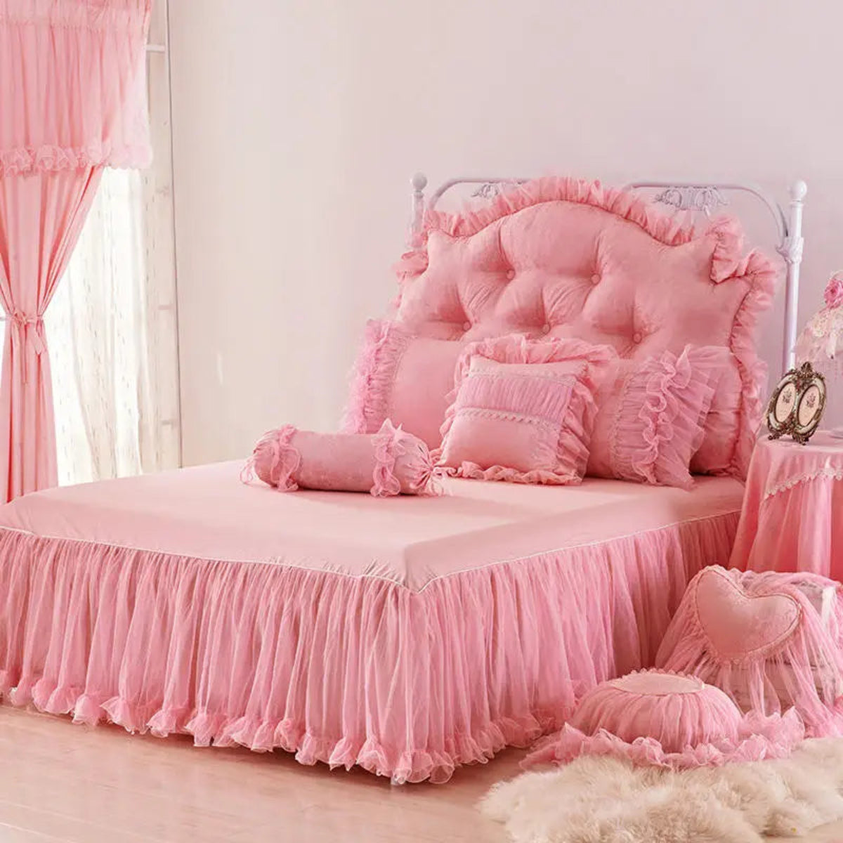 Decorative pillow set — square, heart, round, candy bolster arranged on pink ruffle lace duvet cover; tatting lace trims, cotton twill (600TC), cottagecore & romantic bedroom styling | LINKORI Lacelet Pink cushions view