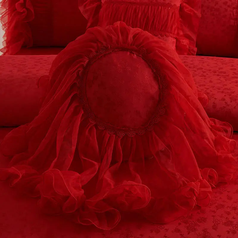 Round lace throw pillow — tatting-lace scalloped edge on bold red ruffle bedding, cotton twill 600TC, romantic/vintage accent for glamorous bedrooms | LINKORI Racelet Red round pillow detail”