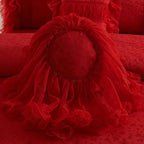 Round lace throw pillow — tatting-lace scalloped edge on bold red ruffle bedding, cotton twill 600TC, romantic/vintage accent for glamorous bedrooms | LINKORI Racelet Red round pillow detail”