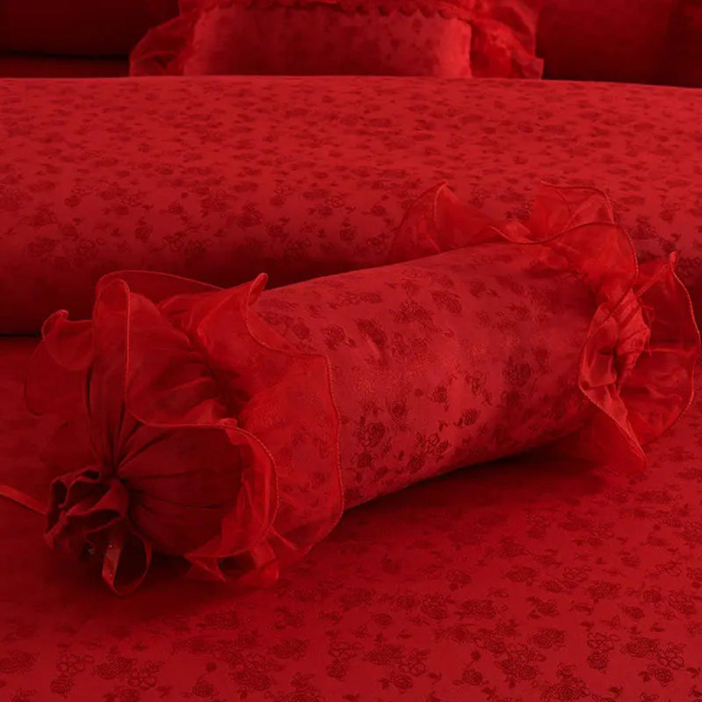 Candy bolster pillow on red ruffle duvet cover — lace-trim ends, 100% cotton twill 600TC, decorative bolster for romantic & modern classic bedrooms | LINKORI Racelet Red bolster view