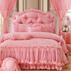 Pink ruffle lace pillow set (4) — square, heart, round, candy bolster on pink ruffle lace bedding in 100% cotton twill (600TC); cottagecore romantic bedroom decor | LINKORI Lacelet Pink pillow set view