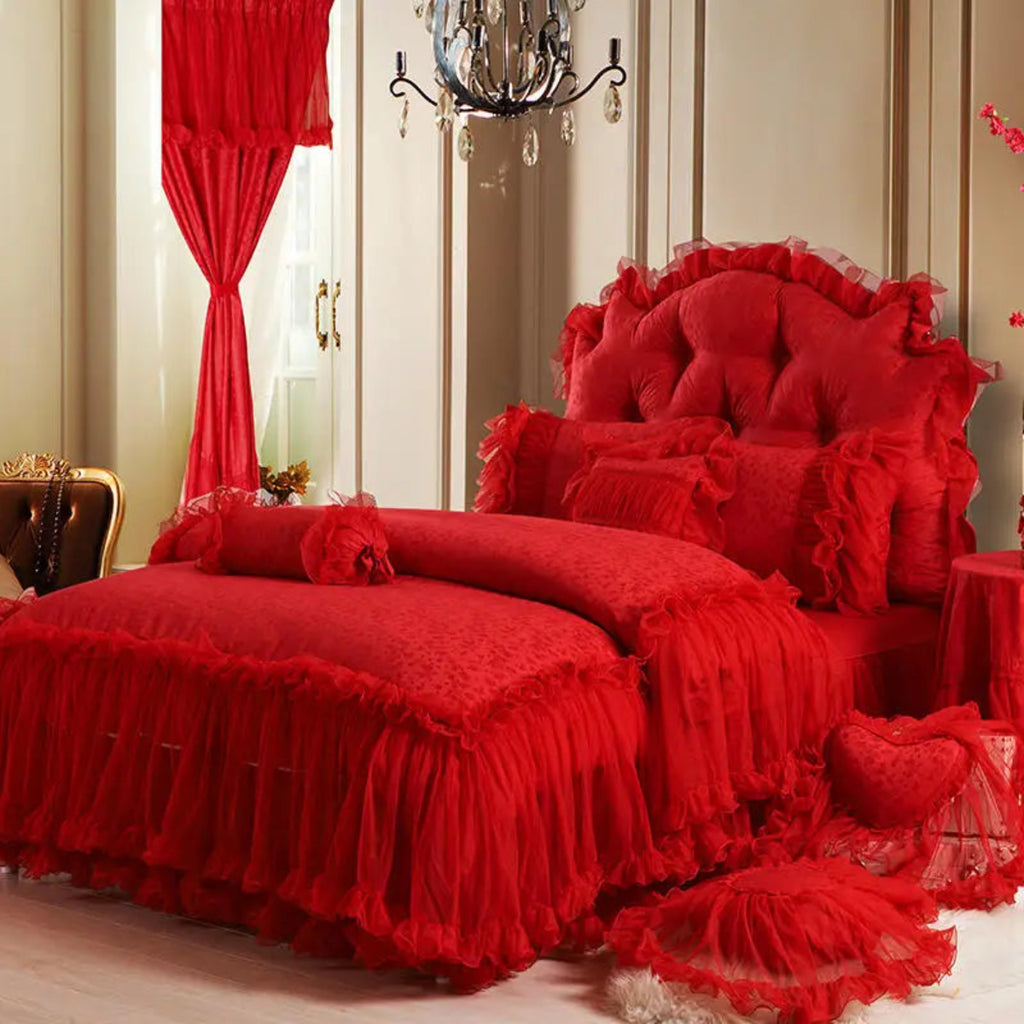 Red ruffle lace bedding full set — duvet cover + bed skirt + 2 pillowcases + square/heart/round/candy pillows, 100% cotton twill 600TC, tatting lace, machine-washable for modern classic luxury bedrooms | LINKORI Racelet Red full set view
