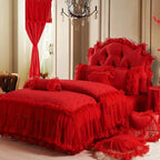 Red ruffle lace bedding full set — duvet cover + bed skirt + 2 pillowcases + square/heart/round/candy pillows, 100% cotton twill 600TC, tatting lace, machine-washable for modern classic luxury bedrooms | LINKORI Racelet Red full set view