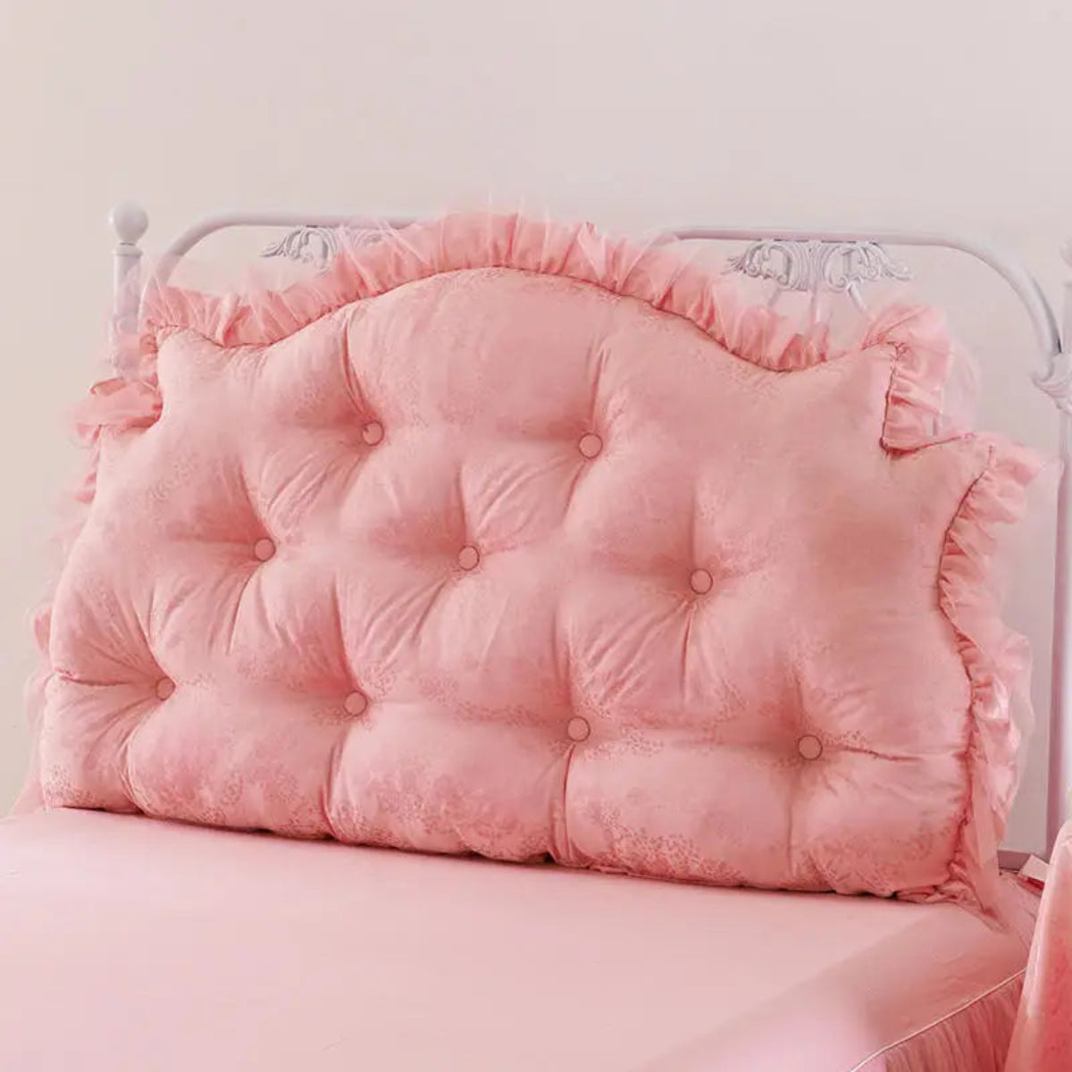 Pink ruffle bedspread look styled on a pink velvet bed — skirted bedding silhouette with tatting lace in 100% cotton twill (600TC); romantic cottagecore bedroom decor | LINKORI Lacelet Pink bedspread view