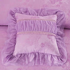 Lavender square decorative pillow with trim lace on rose-floral duvet cover — 100% cotton twill 600TC romantic bedding for shabby-chic bedroom — LINKORI Lacelet Purple