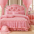 Elegant bedroom with pink ruffle lace bedding — duvet cover + bed skirt + lace-trim pillowcases + decorative pillows, tatting lace in 100% cotton twill (600TC), Queen/King 4 or 8-piece | LINKORI Lacelet Pink elegant room view