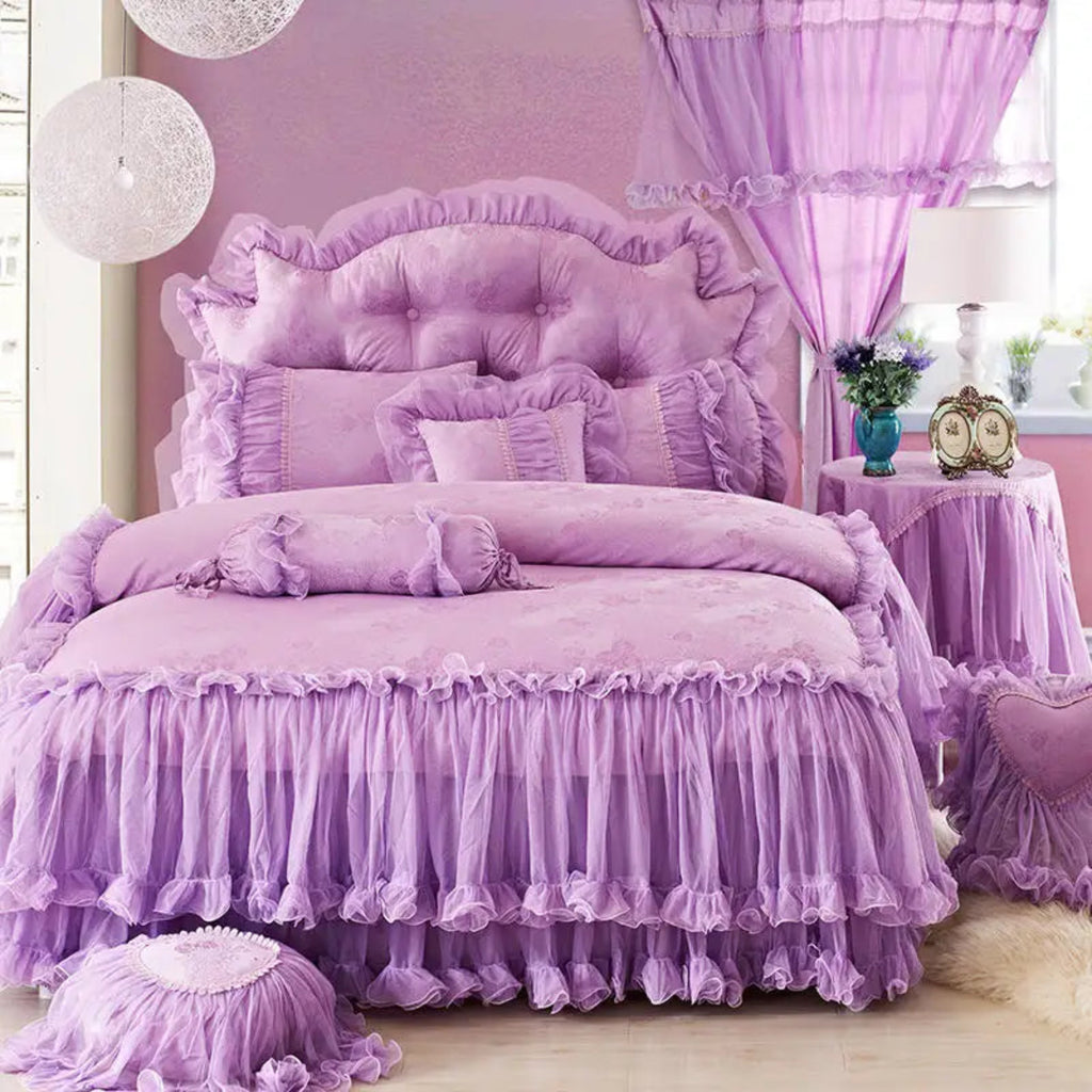 Lavender ruffle lace bedding, 100% cotton twill 600TC with floral motifs — full 8-piece set with duvet cover, bed skirt, pillowcases + square/heart/round/candy pillows, romantic bedroom décor — LINKORI Lacelet Purple