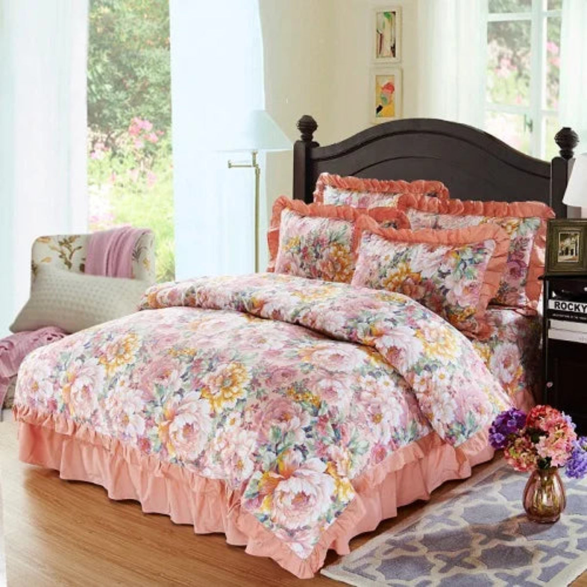Shabby chic bedroom with peach coral rose floral bedding, ruffled trim cotton duvet cover set – LINKORI Rosacoral