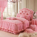 Pink ruffle lace bedding full set — duvet cover, bed skirt, 2 pillowcases + square/heart/round/candy pillows, 100% cotton twill (600TC) with tatting lace, Queen/King 4 or 8-piece, machine washable for modern classic luxury bedrooms | LINKORI Lacelet Pink full set