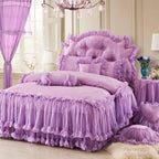 Lavender purple princess bedding, tatting-lace trim and layered ruffled bed skirt — 8-piece duvet cover set for luxury romantic master bedroom/coquette room — LINKORI Lacelet Purple
