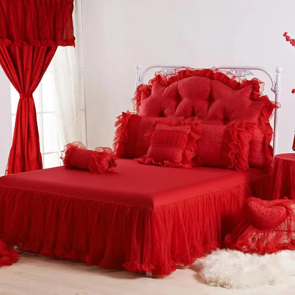 Bridal/wedding red lace bedding — ruffled duvet cover with bed skirt, lace-trim pillowcases & decorative pillows, 100% cotton twill 600TC, romantic bridal suite decor | LINKORI Racelet Red bridal view