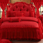 Bold red ruffle lace pillow set (4) — 100% cotton twill 600TC, tatting-lace edges, decorative pillows for vintage & French country bedrooms, romantic styling | LINKORI Racelet Red pillow set view