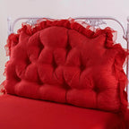 Red ruffle bedspread look — sculptural ruffled bed skirt + lace details, 100% cotton twill 600TC, romantic bedroom decor, shabby-chic & French country style | LINKORI Racelet Red room view