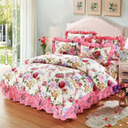 Bold rose floral bedding in 100% cotton, ivory background with pink ruffled trim, perfect for cozy retreat bedrooms – LINKORI Rosanova