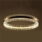 Gold K9 crystal vertical rod ring pendant, dimmable LED halo, dining room view — LINKORI DEROLLEN