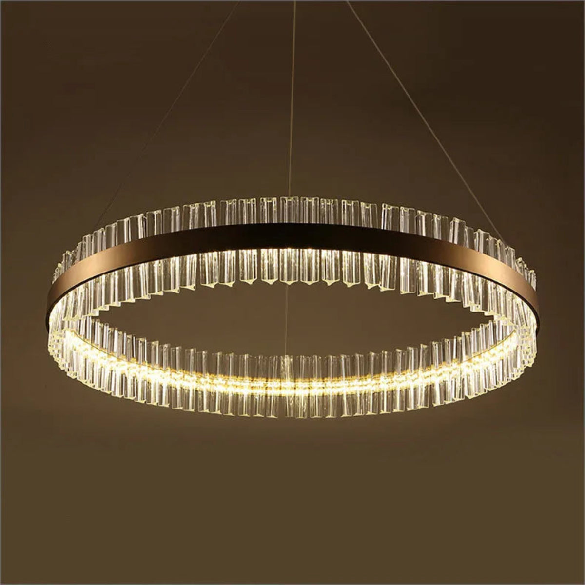 Gold K9 crystal vertical rod ring pendant, dimmable LED halo, dining room view — LINKORI DEROLLEN