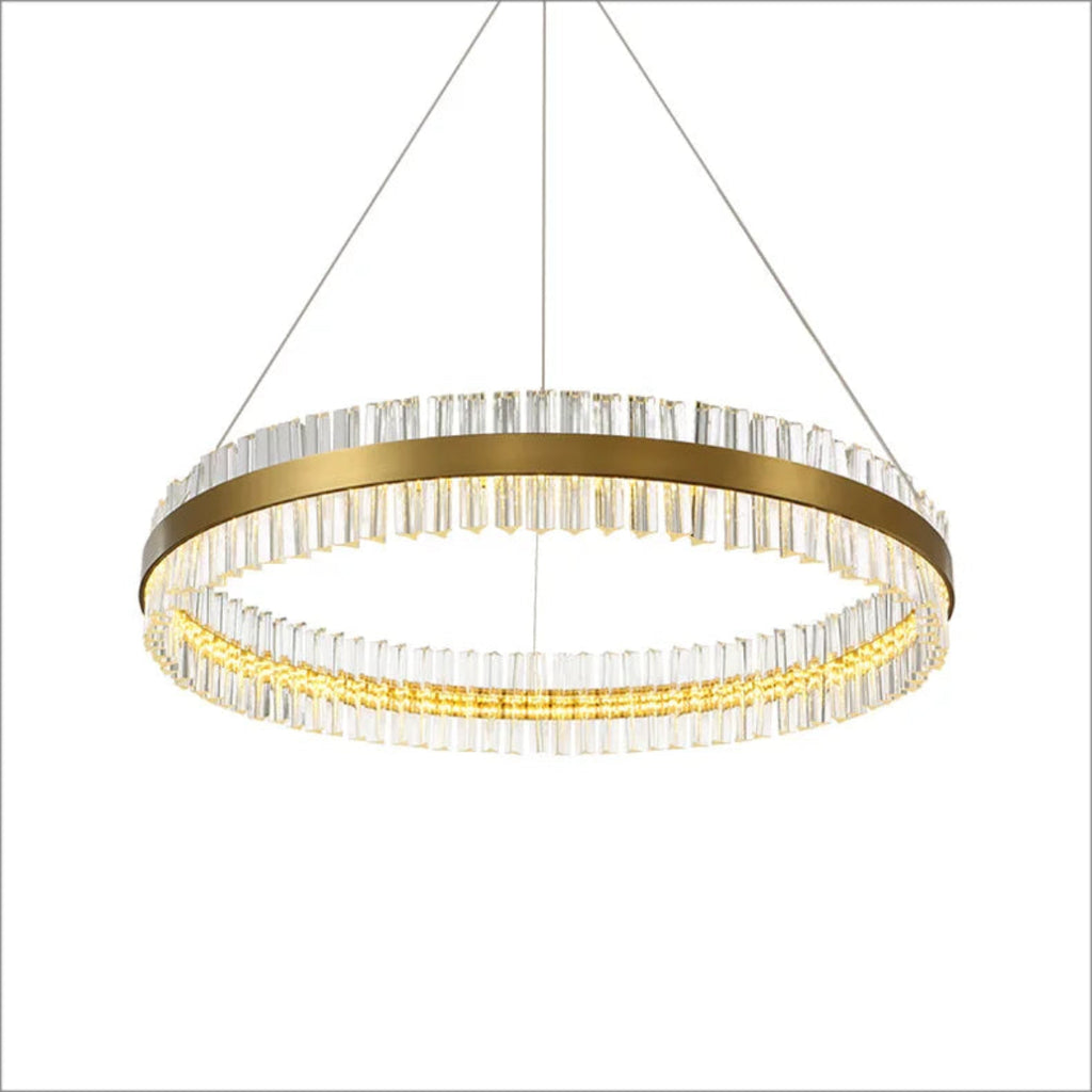 Dimmable gold metal frame with K9 crystal rods, modern chandelier close-up, foyer installation — LINKORI DEROLLEN