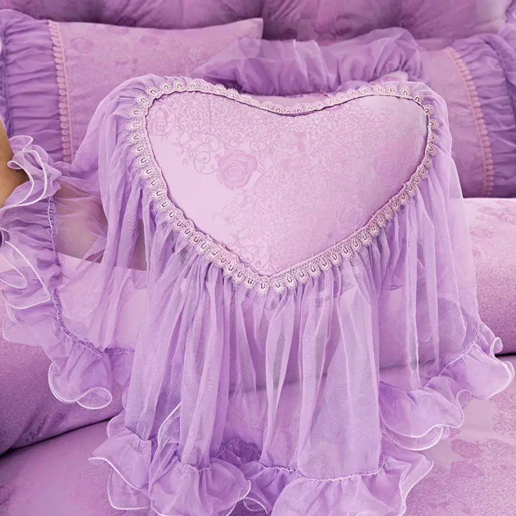 Lavender heart pillow with scalloped lace trim on floral duvet cover — ruffle lace princess bedding for bridal suite/teen girl bedroom — LINKORI Lacelet Purple