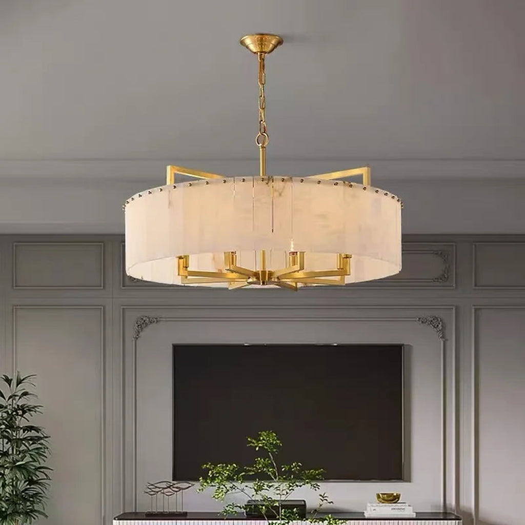 gold alabaster drum chandelier – modern round pendant light for dining room and foyer interiors | LINKORI STELLOQ