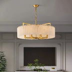 gold alabaster drum chandelier – modern round pendant light for dining room and foyer interiors | LINKORI STELLOQ