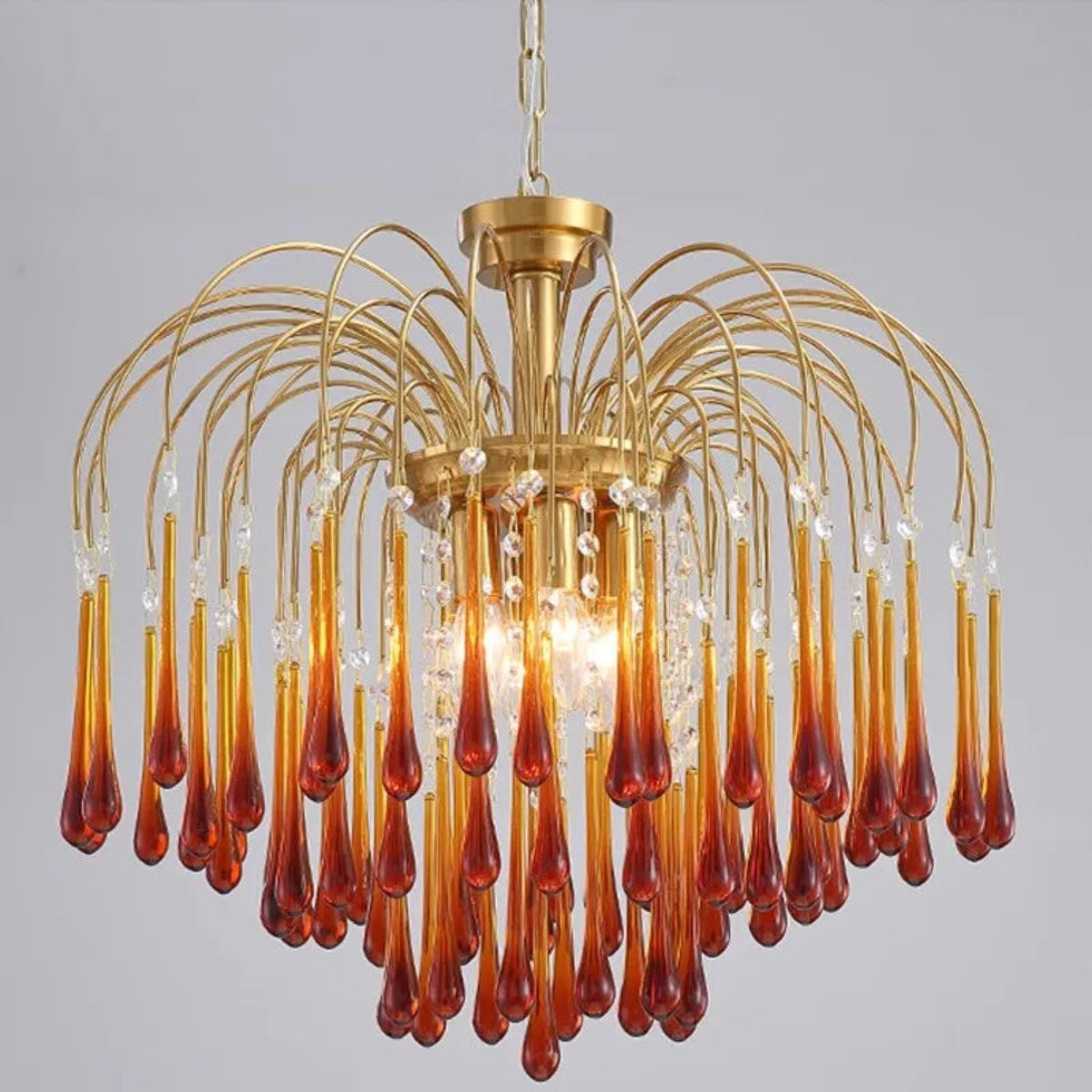 amber glass raindrop chandelier, gold frame statement lighting for dining & living spaces