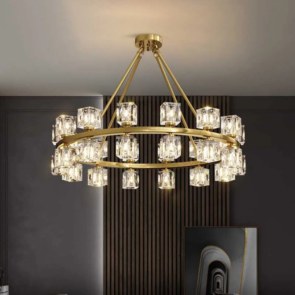 LINKORI DEKALIQ chandelier featuring precision-cut crystal cubes and customizable height, blending sculptural geometry with refined modern opulence.