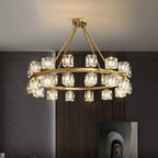 LINKORI DEKALIQ chandelier featuring precision-cut crystal cubes and customizable height, blending sculptural geometry with refined modern opulence.