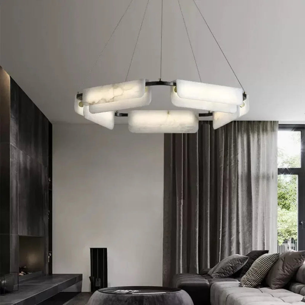 sculptural alabaster ring chandelier, dimmable LED pendant with 2700K 3500K 6000K color options for kitchen islands