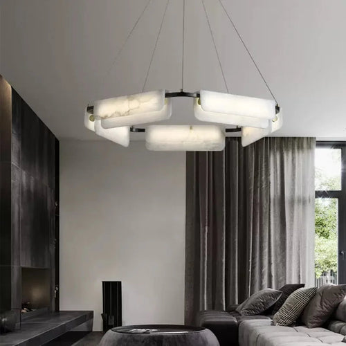 sculptural alabaster ring chandelier, dimmable LED pendant with 2700K 3500K 6000K color options for kitchen islands