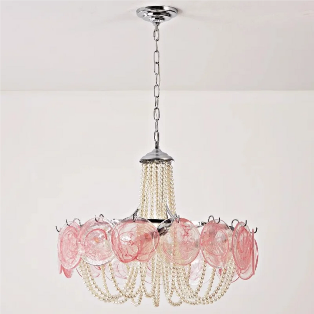 Pink Murano-style glass disc chandelier in modern interior — pearl-beaded Art Deco statement pendant for dining room & foyer, chrome finish, warm ambient light | LINKORI PALACE installed