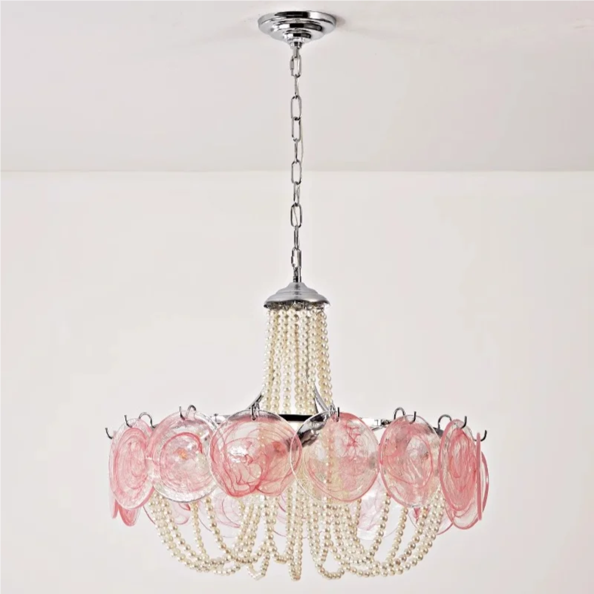 Pink Murano-style glass disc chandelier in modern interior — pearl-beaded Art Deco statement pendant for dining room & foyer, chrome finish, warm ambient light | LINKORI PALACE installed