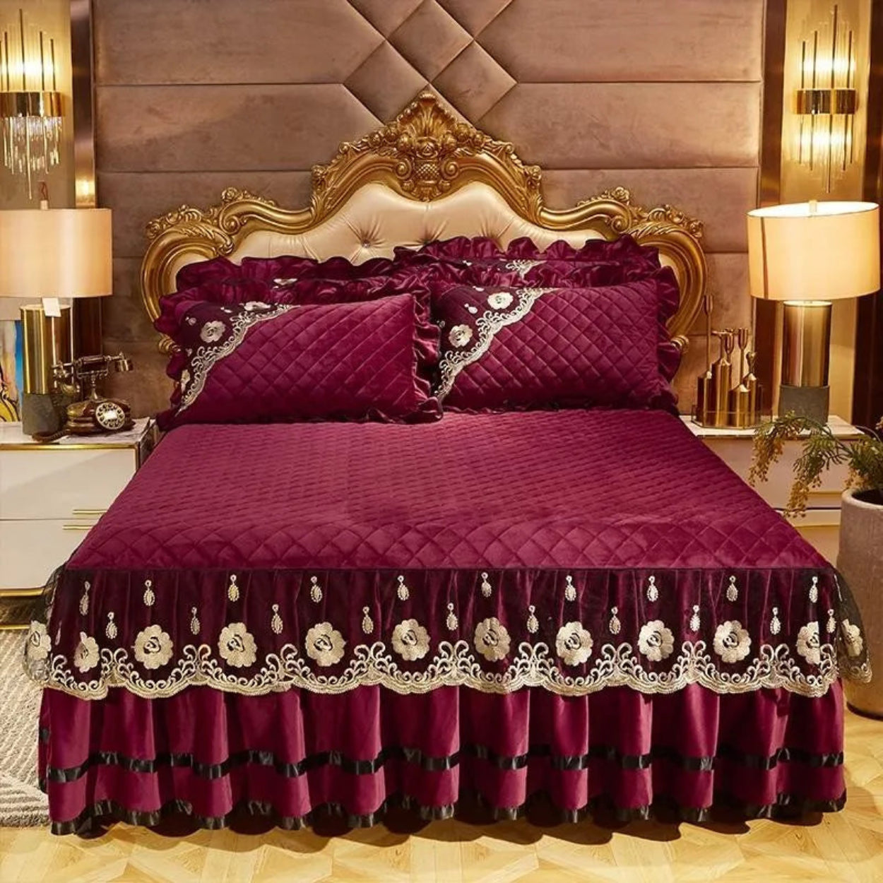 Royal velvet bedding set, LINKORI Velvet Royale burgundy quilted fleece with palace elegance