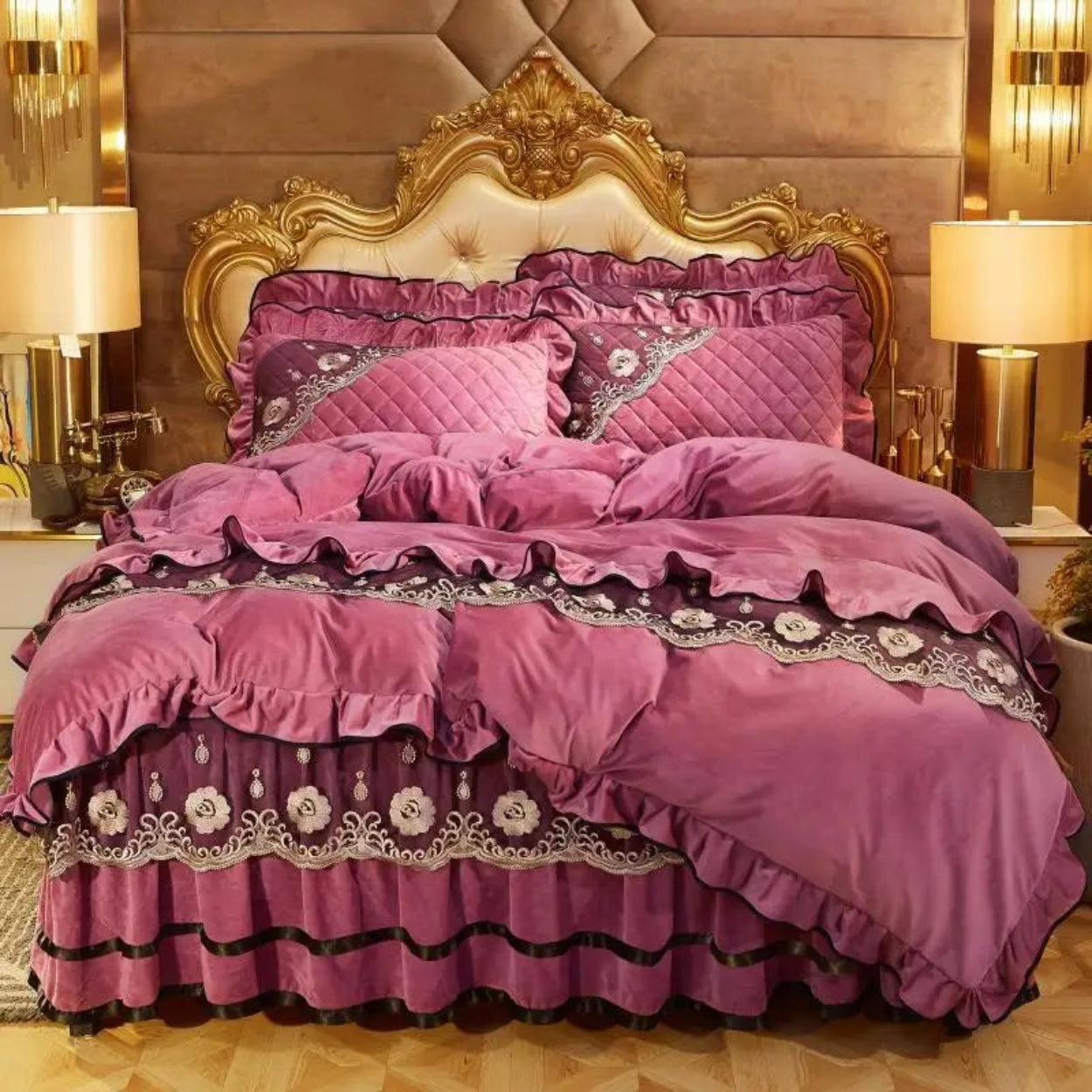 Mauve pink velvet ruffled duvet cover set with golden embroidered florals, luxury princess bedding collection