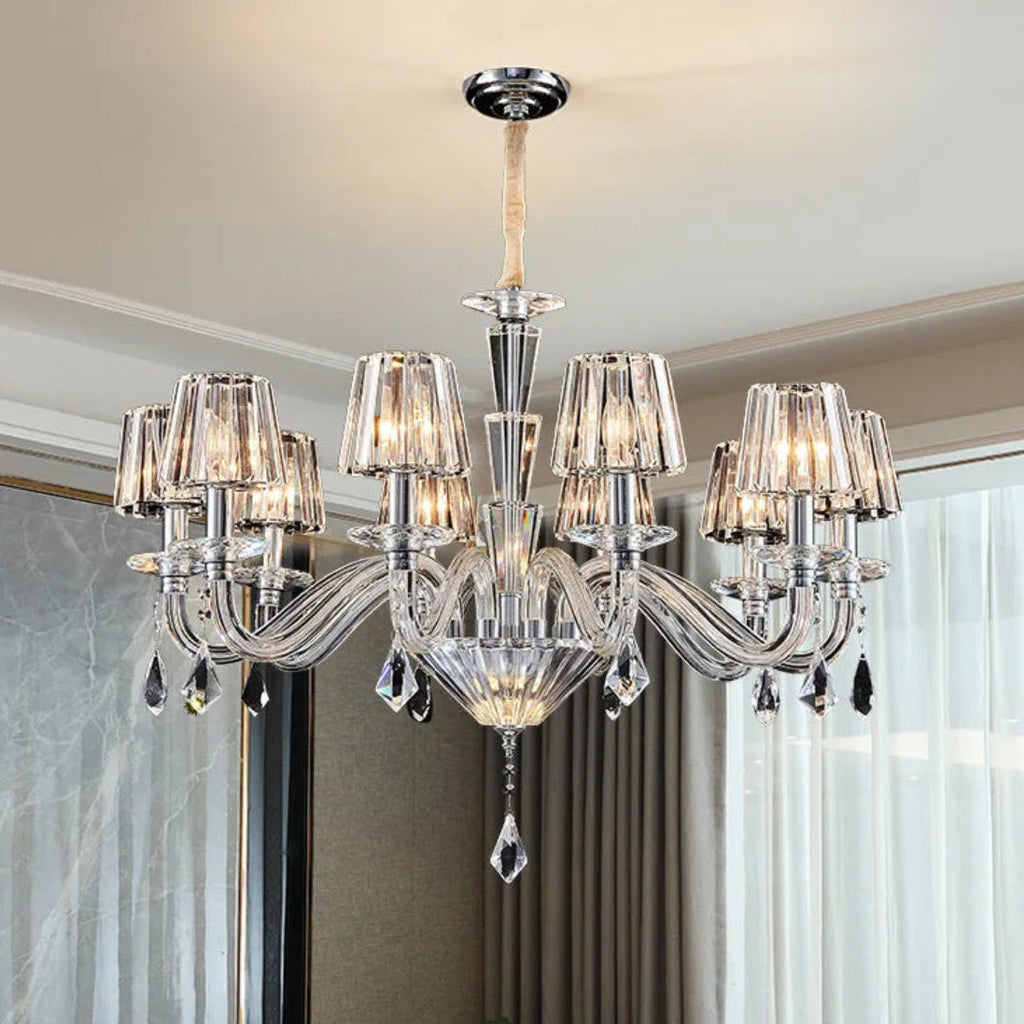 LINKORI LUXULUXE 10-light chandelier installed in modern living room – ribbed glass and gold finish for upscale ambiance




