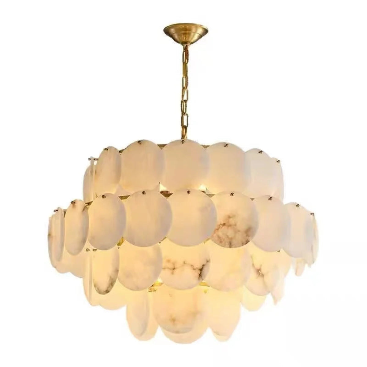 5-tier alabaster pendant chandelier, statement gold lighting for upscale dining room.