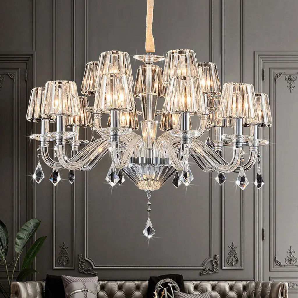 Full view of LINKORI LUXULUXE 15-light crystal chandelier – double-tier design with ribbed glass shades in grand interior

