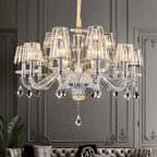 Full view of LINKORI LUXULUXE 15-light crystal chandelier – double-tier design with ribbed glass shades in grand interior

