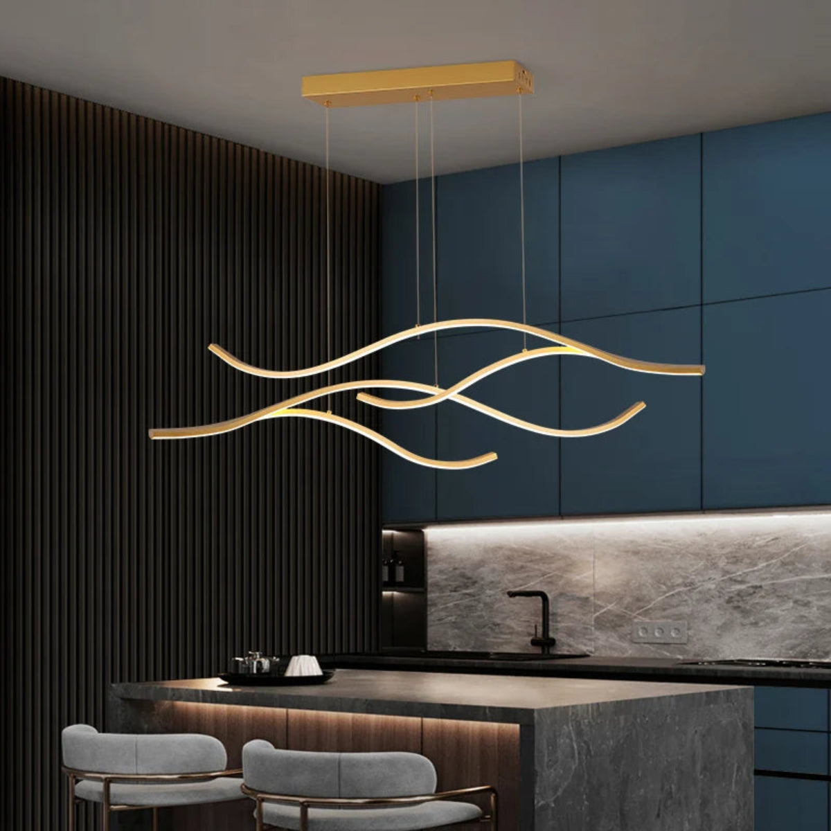 Waveform Gold LED Chandelier – 47.2” Sculptural Statement Pendant Light for Kitchen Island & Modern Dining Room | LINKORI CHULLENG S. IV
