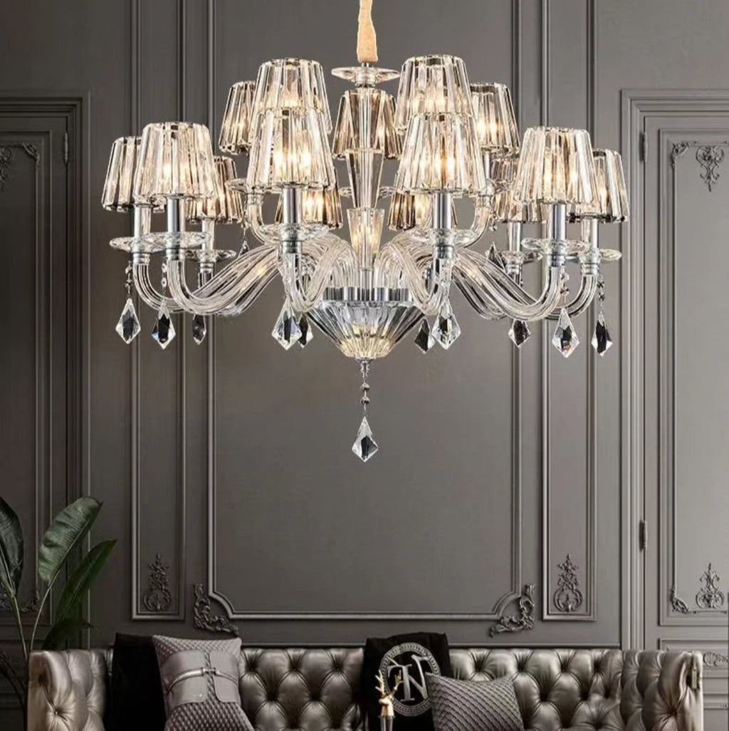 Double-Tier Crystal Chandelier – 15-Light Ribbed Glass Lighting for Castlecore Interiors | LINKORI LUXULUXE