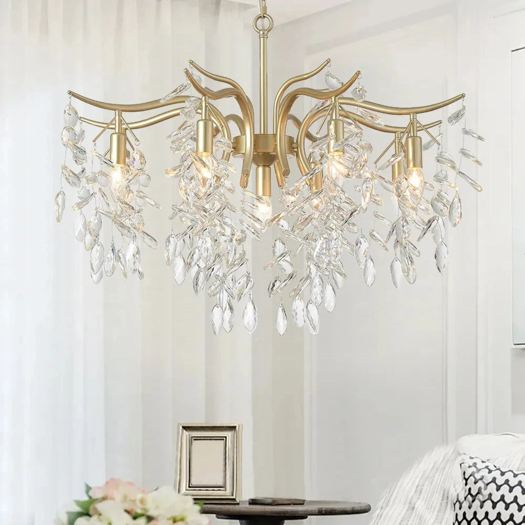 Luxury Gold Crystal Chandelier – Artistic Leaf Pendant Light for Dining Room & Foyer 