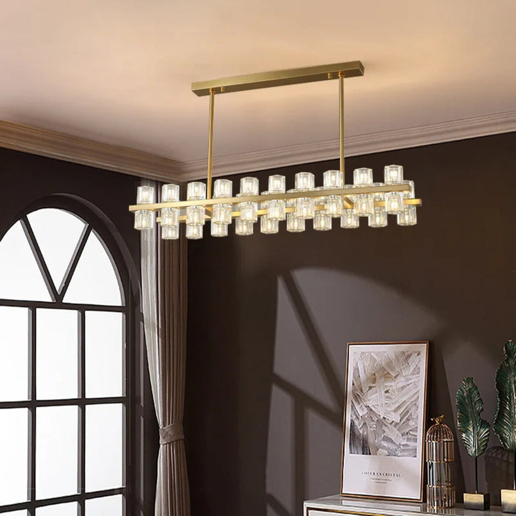Contemporary dining room lighting with polished gold copper frame and hexagonal crystal pendant design, modern statement chandelier – LINKORI HEXANDLE