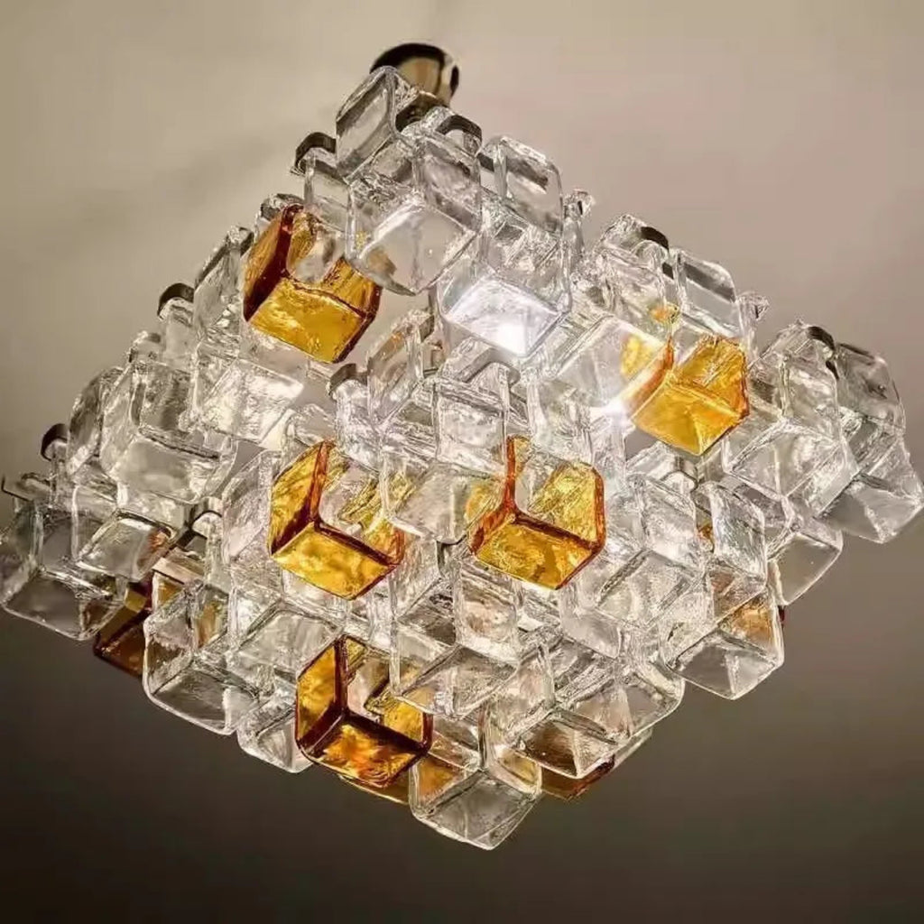 Glass cube chandelier full view — amber & clear layered cubes, geometric square silhouette, sculptural vintage glass pendant light | LINKORI CUBLIQUE hero view
