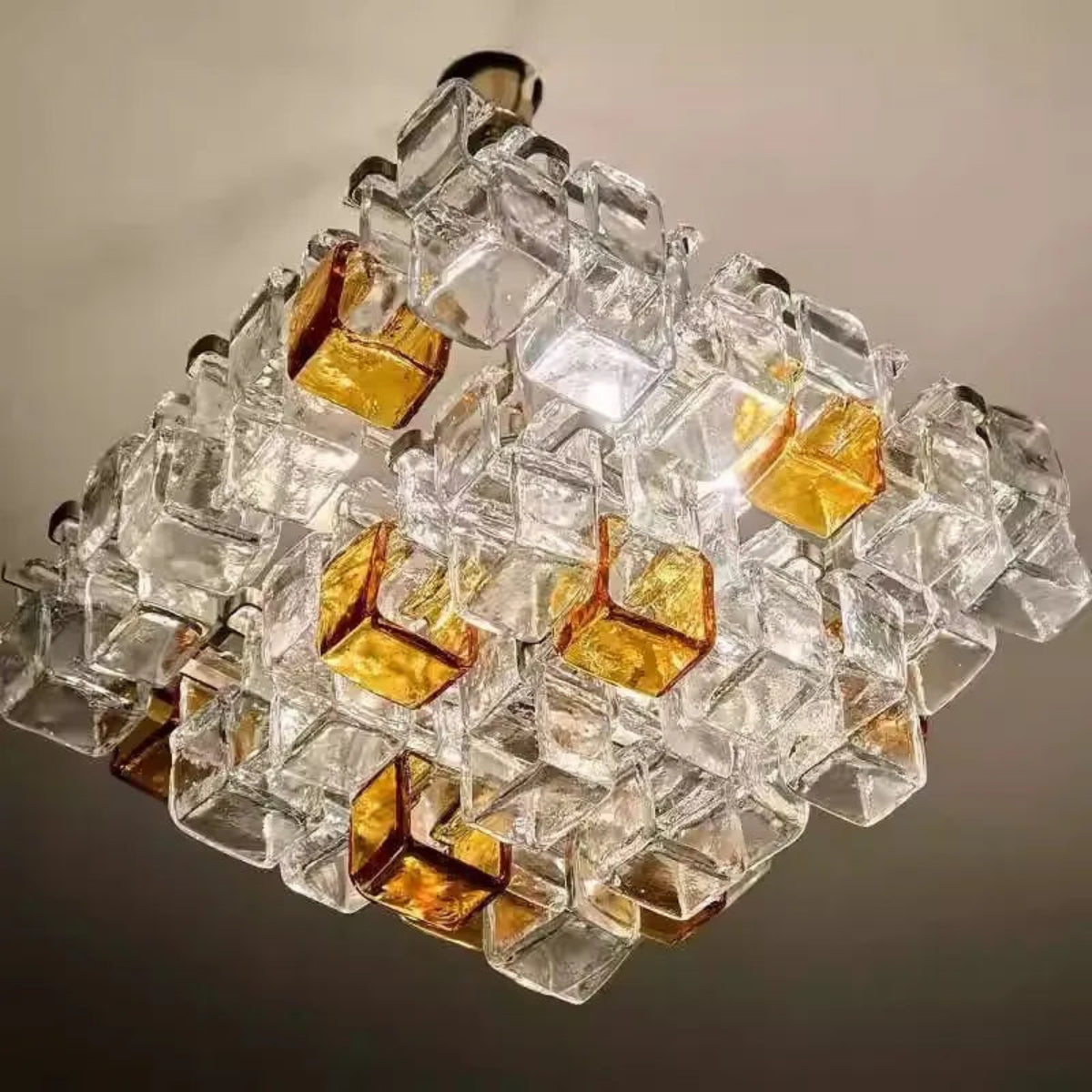 Glass cube chandelier full view — amber & clear layered cubes, geometric square silhouette, sculptural vintage glass pendant light | LINKORI CUBLIQUE hero view