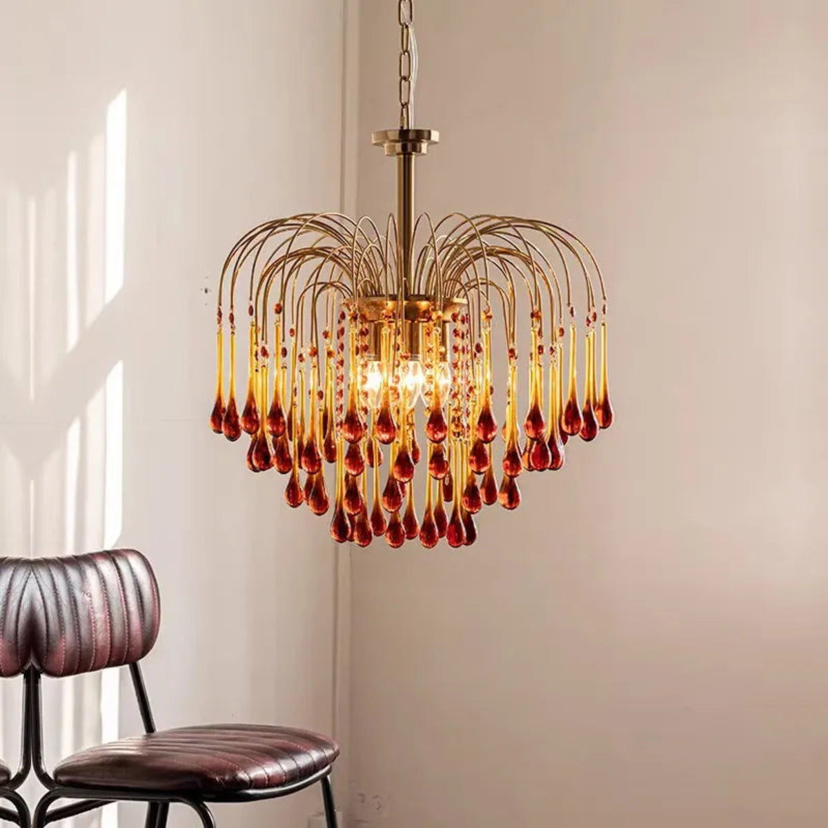 vintage amber glass chandelier with raindrop design, luxury gold statement pendant for dining room – LINKORI DROPRAIN
