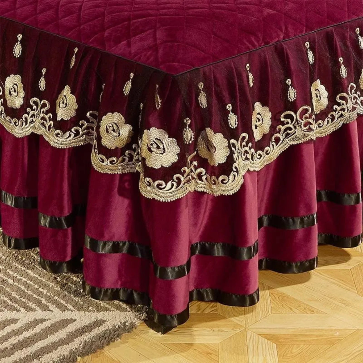 Burgundy velvet duvet cover with cascading ruffles and gold embroidery, regal bedroom decor