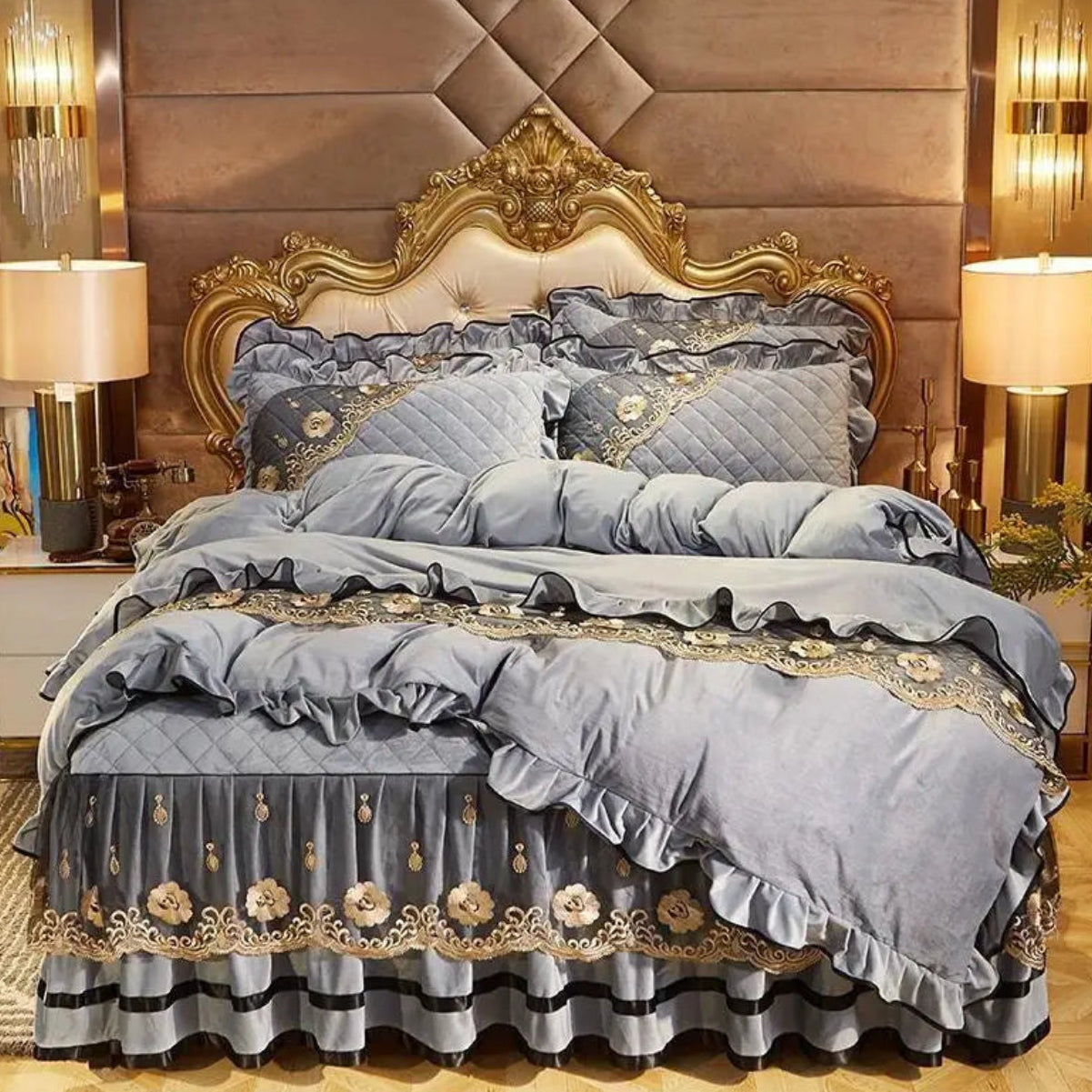 Silver grey velvet ruffled duvet cover set with golden embroidered florals, luxury sophisticated bedding collection