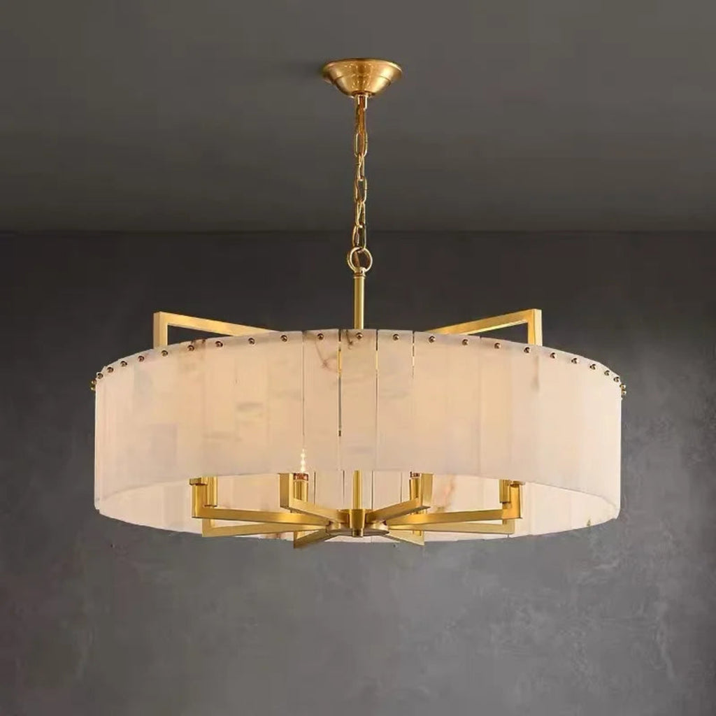 gold marble chandelier – modern round pendant light for dining room and foyer interiors | LINKORI STELLOQ