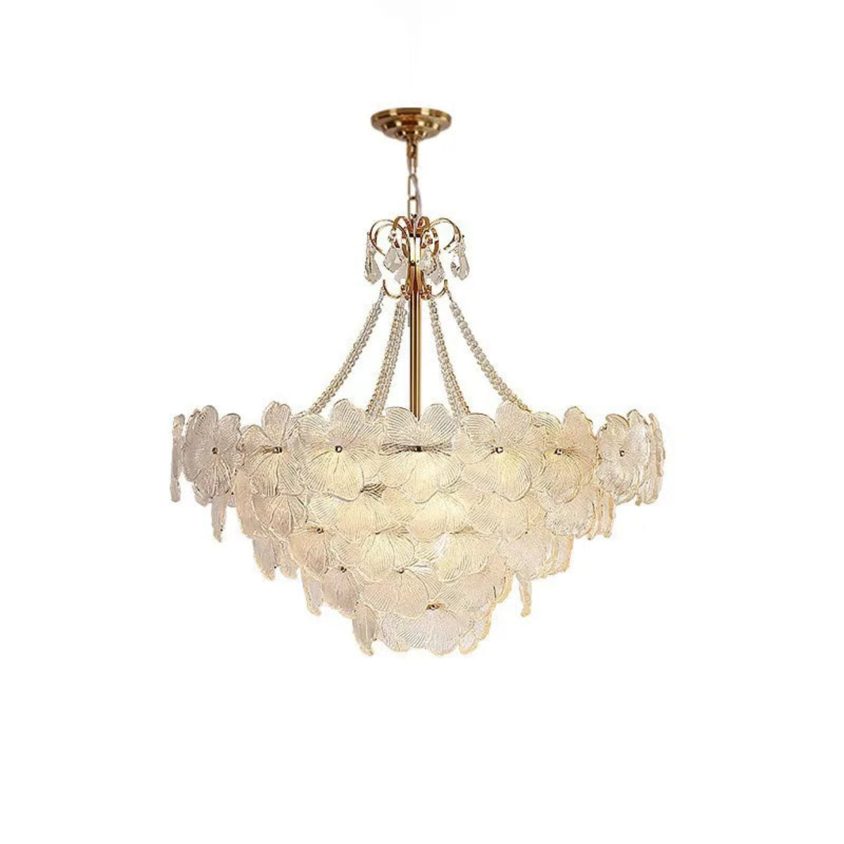 Gold floral-tiered glass chandelier with crystal accents on a white studio background – LINKORI SHALOLLYE.